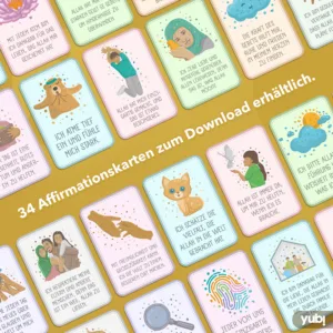 Ein Bild mehrerer bunter Illustrationskarten mit positiven Affirmationen auf Deutsch, zusammen mit dem Text "34 Affirmationskarten zum Download erhältlich".