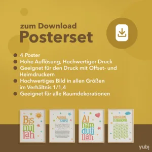 Werbegrafik für ein Posterset zum Download mit vier verschiedenen islamischen Postern, Informationen zu hoher Auflösung und Druckqualität, Kompatibilität mit verschiedenen Druckern und Eignung für Raumdekorationen.