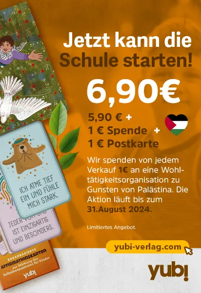 Schulanfangs-Set mit Affirmationskarten und Postkarte, 6,90€, 1€ Spende für Palästina, bis 31. August 2024 erhältlich.