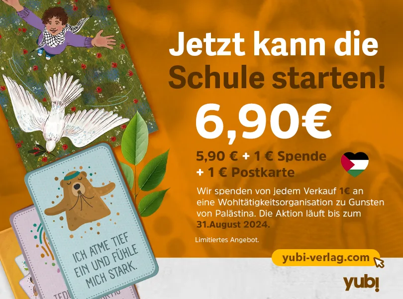 Schulanfangs-Set: Affirmationskarten und Postkarte für 6,90€, mit 1€ Spende für Palästina, gültig bis 31. August 2024.