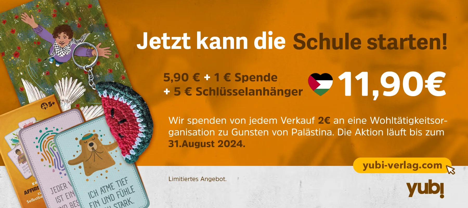 Schulanfangs-Set: Affirmationskarten und handgefertigter Schlüsselanhänger, 11,90€, 2€ Spende für Palästina, gültig bis 31. August 2024.