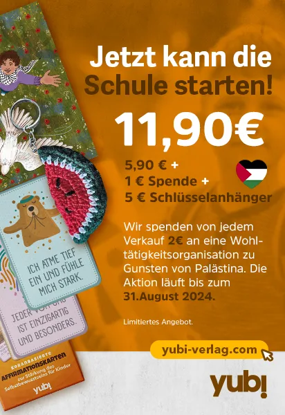Schulanfangs-Set mit Affirmationskarten und Schlüsselanhänger, Preis 11,90€, 2€ Spende für Palästina, erhältlich bis 31. August 2024.