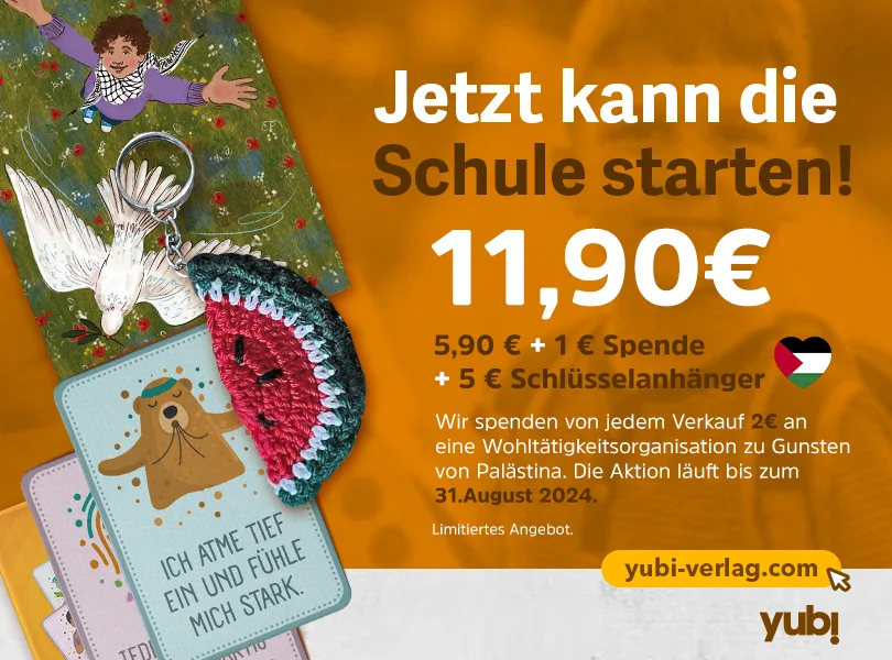 Schulanfangs-Set mit Affirmationskarten und Schlüsselanhänger, 11,90€, 2€ Spende für Palästina, bis 31. August 2024 erhältlich.